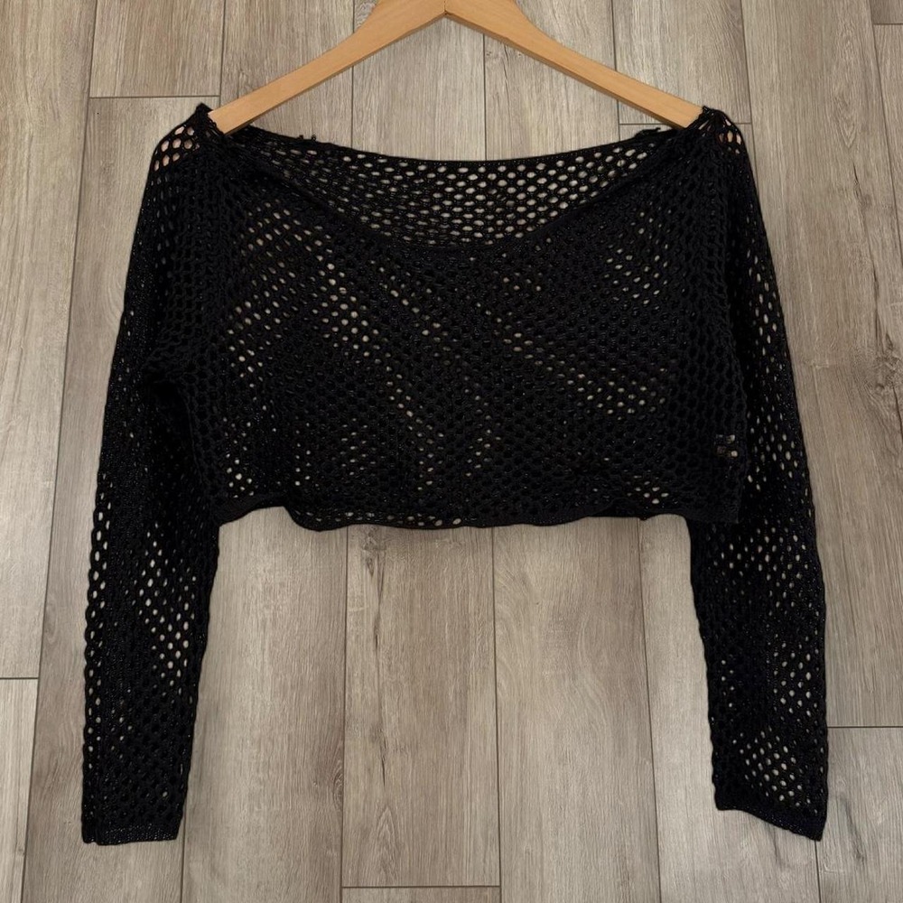 Y2K grunge style fishnet open-knit crochet Mesh long sleeve crop top size L